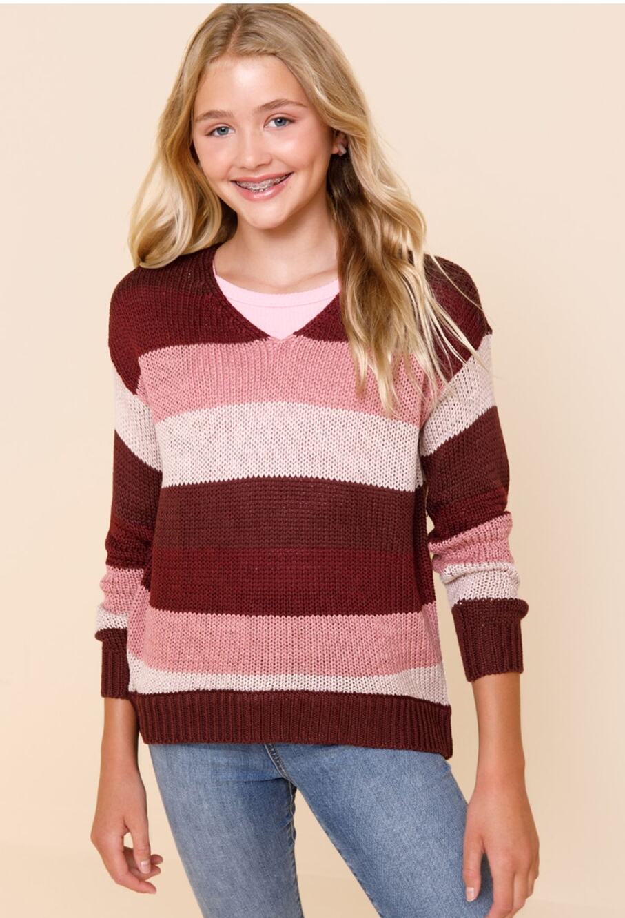 NEW Francesca's Striped Loose Knit Sweater Youth 14 Junior's Pink Purple V Neck
